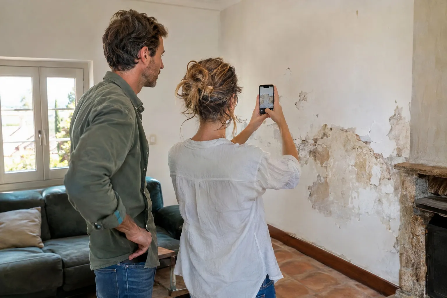 Un couple photographie ses pièces à rénover avec un téléphone pour demander un devis