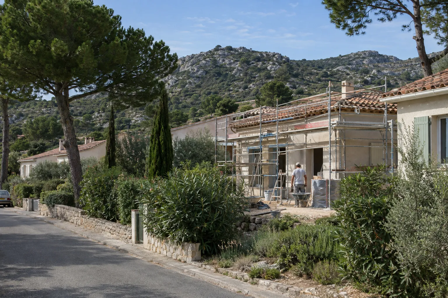 Une villa de plain-pied de Carnoux sous échafaudage, un ouvrier au travail sur la façade, avec pins parasols, lauriers et la garrigue des collines en arrière-plan.