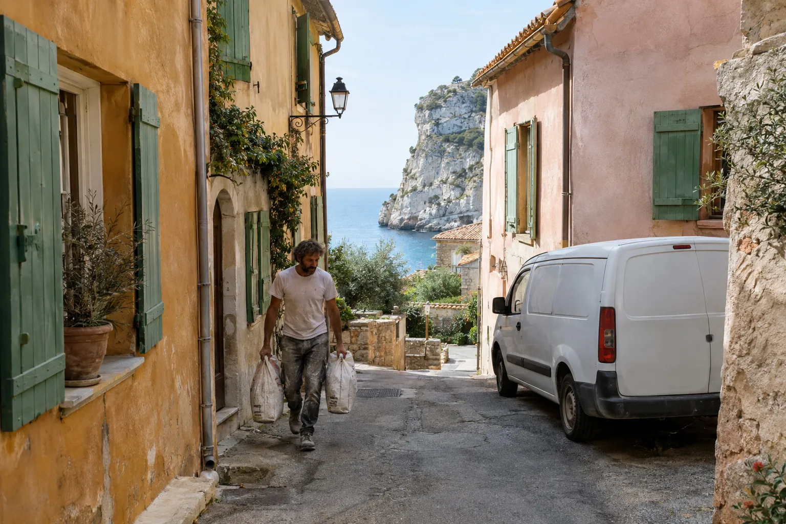 Un artisan chargé de sacs de matériaux traverse une ruelle de Cassis entre façades ocre et volets verts, la mer et une falaise au fond, une camionnette blanche garée à droite.