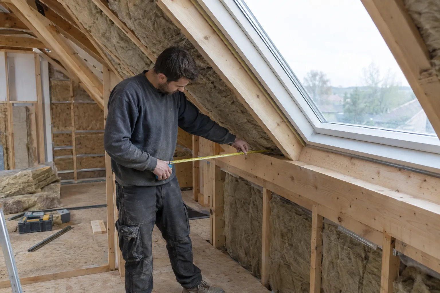 Un artisan mesure avec un mètre ruban le cadre d'une grande fenêtre de toit dans des combles en cours d'aménagement, isolant posé entre les chevrons