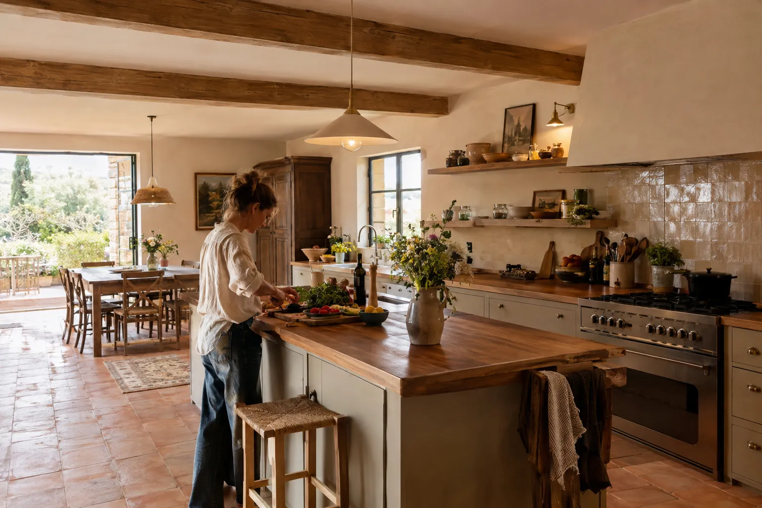 Cuisine ouverte rénovée d'une maison provençale, carrelage terre cuite clair et plan de travail en bois