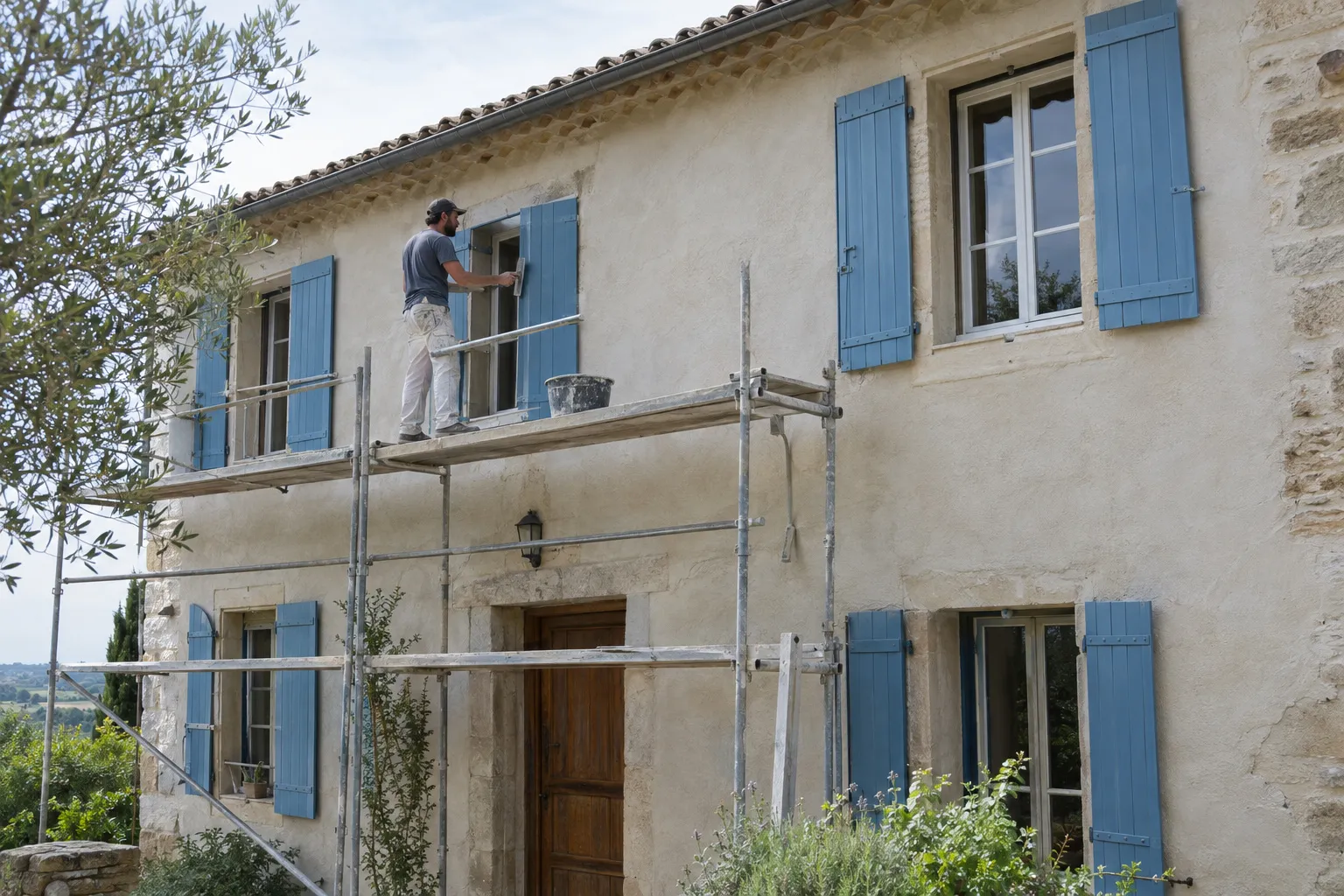 Façade de bastide ravalée à la chaux avec volets bleus neufs