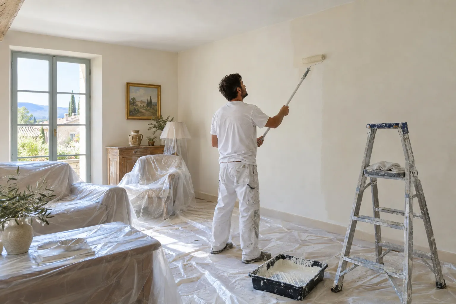 Un peintre en tenue blanche passe un rouleau sur le mur d'un séjour provençal, meubles et sol recouverts de bâches de protection, escabeau et bac à peinture au premier plan