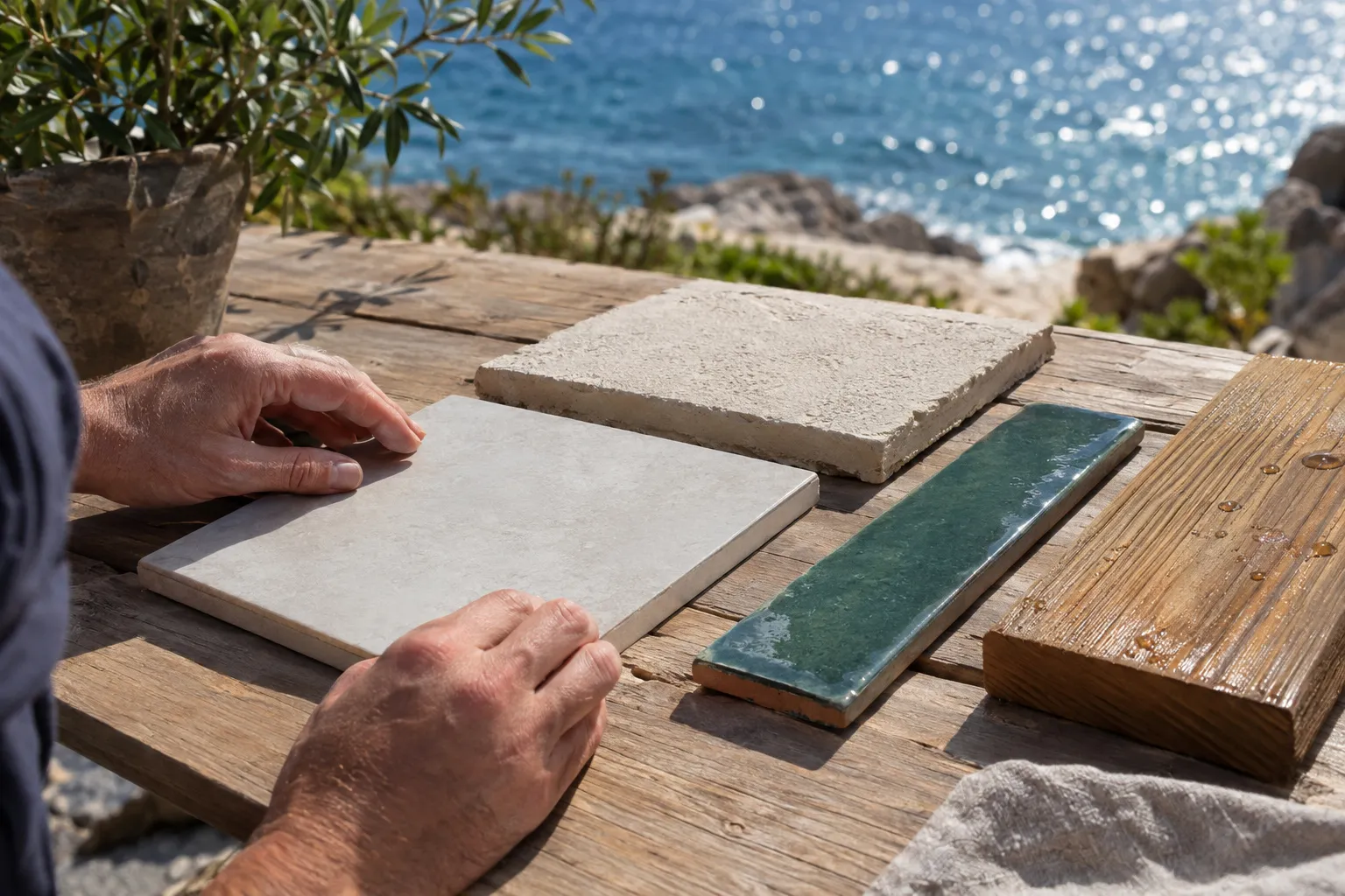 Sur une table en bois face à la mer, deux mains posent des échantillons : carreau blanc, dalle de pierre claire, zellige vert et lame de bois grisé, à côté d'un olivier en pot.