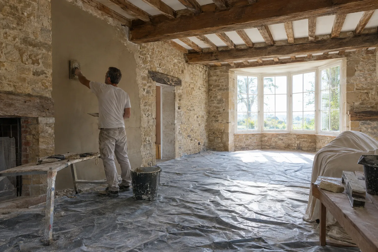 Un artisan lisse un enduit sur un mur de pierre dans un séjour en chantier, poutres anciennes au plafond et grande baie vitrée donnant sur la verdure.