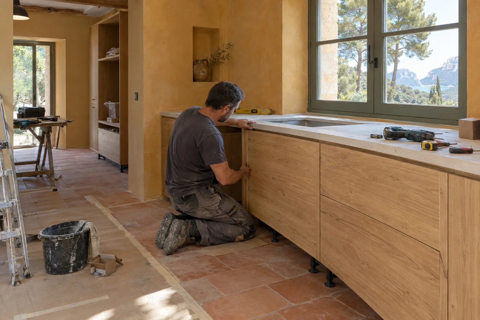 Un artisan règle un meuble bas en chêne dans une cuisine en cours de rénovation, plan de travail en pierre claire, sol en terre cuite protégé et fenêtre ouverte sur les pins