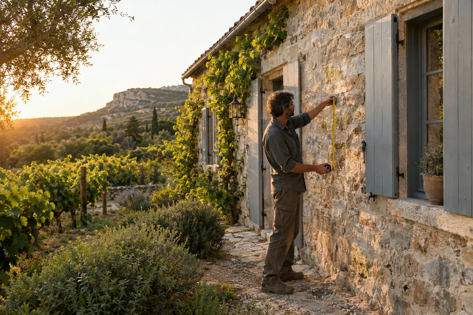 Un artisan prend des mesures au mètre sur le mur de pierre d'une maison ancienne aux volets gris et à la vigne vierge, avec des rangs de vigne et la garrigue au coucher du soleil.