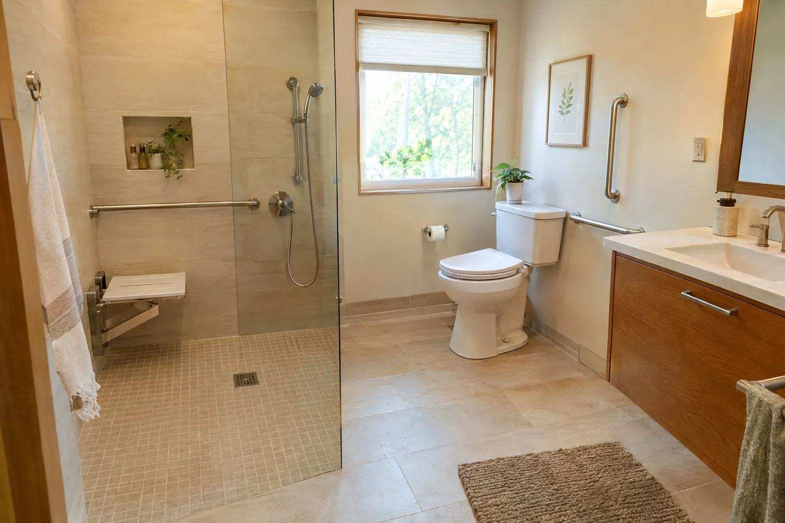 Salle de bain adaptée avec douche de plain-pied, siège rabattable, barres d'appui, WC rehaussé et sol carrelé antidérapant