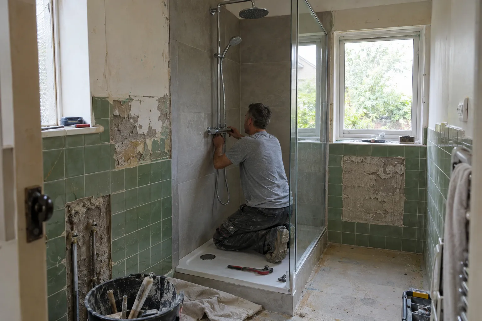 Salle de bain d'une villa ancienne en chantier : faïence verte d'origine en partie déposée, artisan installant une colonne de douche neuve