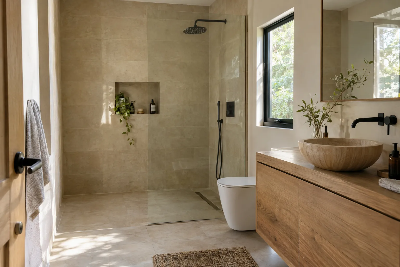 Salle de bain refaite à neuf avec douche à l'italienne en carrelage beige, paroi de verre et meuble vasque en chêne